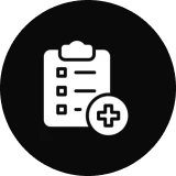 Medical checklist icon with plus sign.