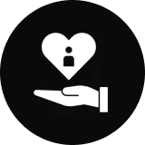 Hand holding heart with person icon.