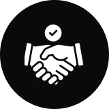 Handshake icon with checkmark on black background.