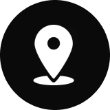 Map pin icon on black circular background.
